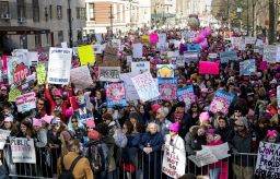 People lined up on Central Park West as they waited for the start of Saturday's Women's March.