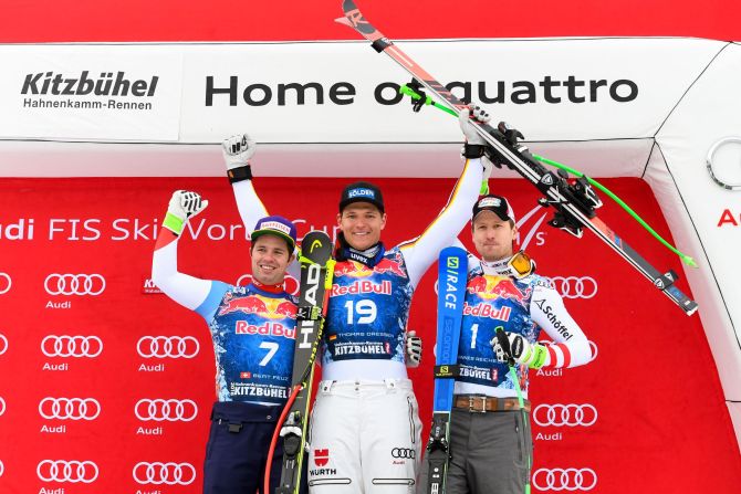 <strong>On the podium: </strong>Dressen won from Swiss Beat Feuz (left), who was the victor in Wengen last week, and 2014 champion Hannes Reichelt of Austria (right).