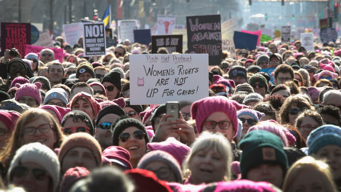 People rally downtown for the second Women's March in Chicago in 2018. 