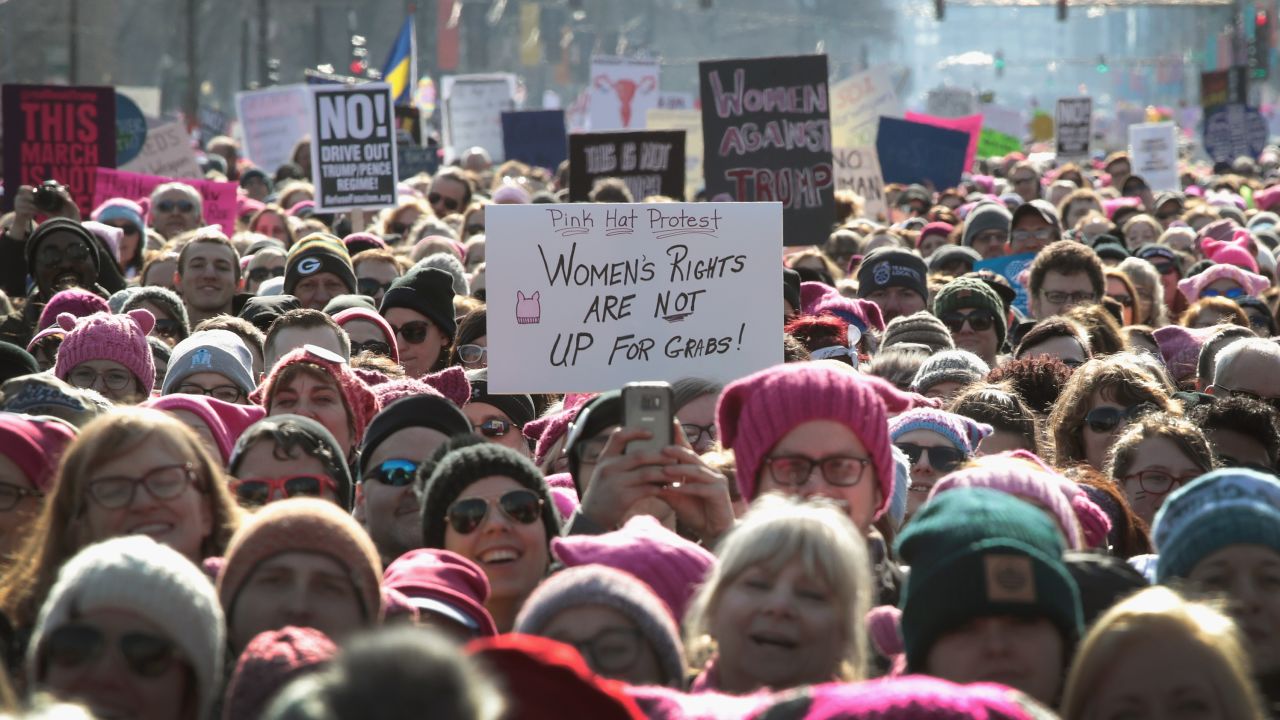 People rally downtown for the Second Annual Womens March on January 20, 2018 in Chicago, Illinois. 