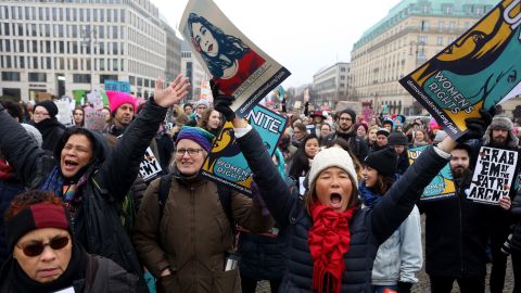 Activists participate in a demonstration for women's rights on January 21, 2018, in Berlin, Germany.
