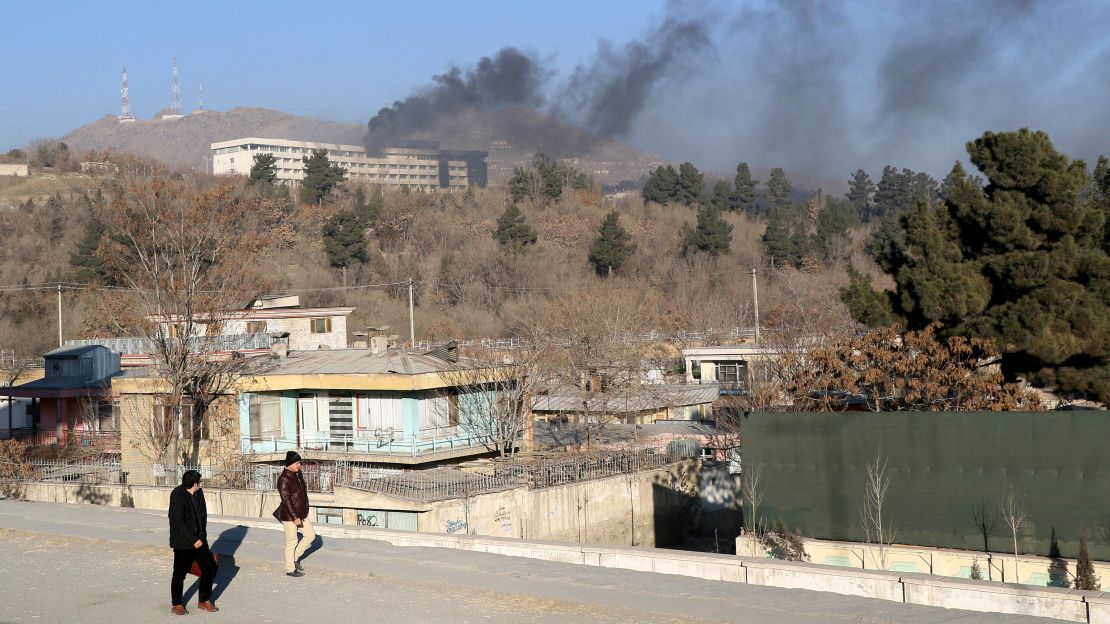 Smoke billows from the Intercontinental Hotel after the attack.