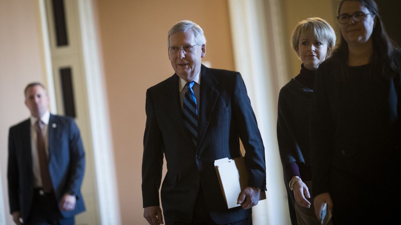 Senate Majority Leader Mitch McConnell (R-KY) leaves his office and walks to the Senate floor on Capitol Hill, January 21, 2018 in Washington, DC. Lawmakers are convening for a Sunday session to try to resolve the government shutdown.