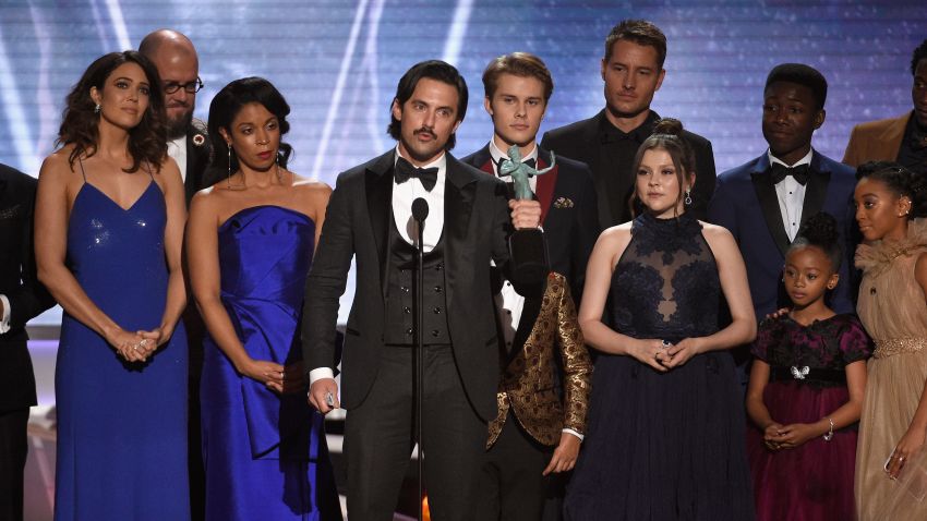 LOS ANGELES, CA - JANUARY 21:  Actor Milo Ventimiglia (C) and the cast of "This Is Us" onstage during the 24th Annual Screen Actors Guild Awards at The Shrine Auditorium on January 21, 2018 in Los Angeles, California.  (Photo by Kevork Djansezian/Getty Images)