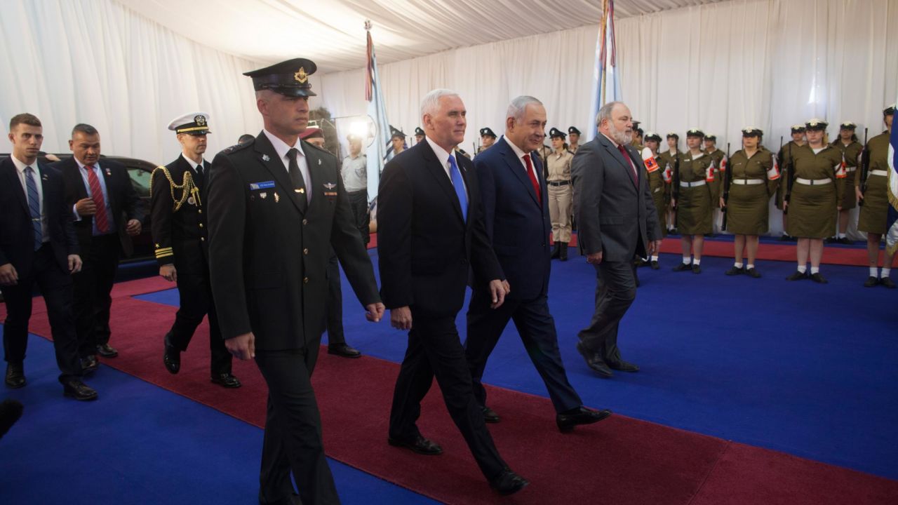 US Vice President Mike Pence, center left, with Israeli Prime Minister Benjamin Netanyahu, center right, at a welcome ceremony in Jerusalem on Monday. 