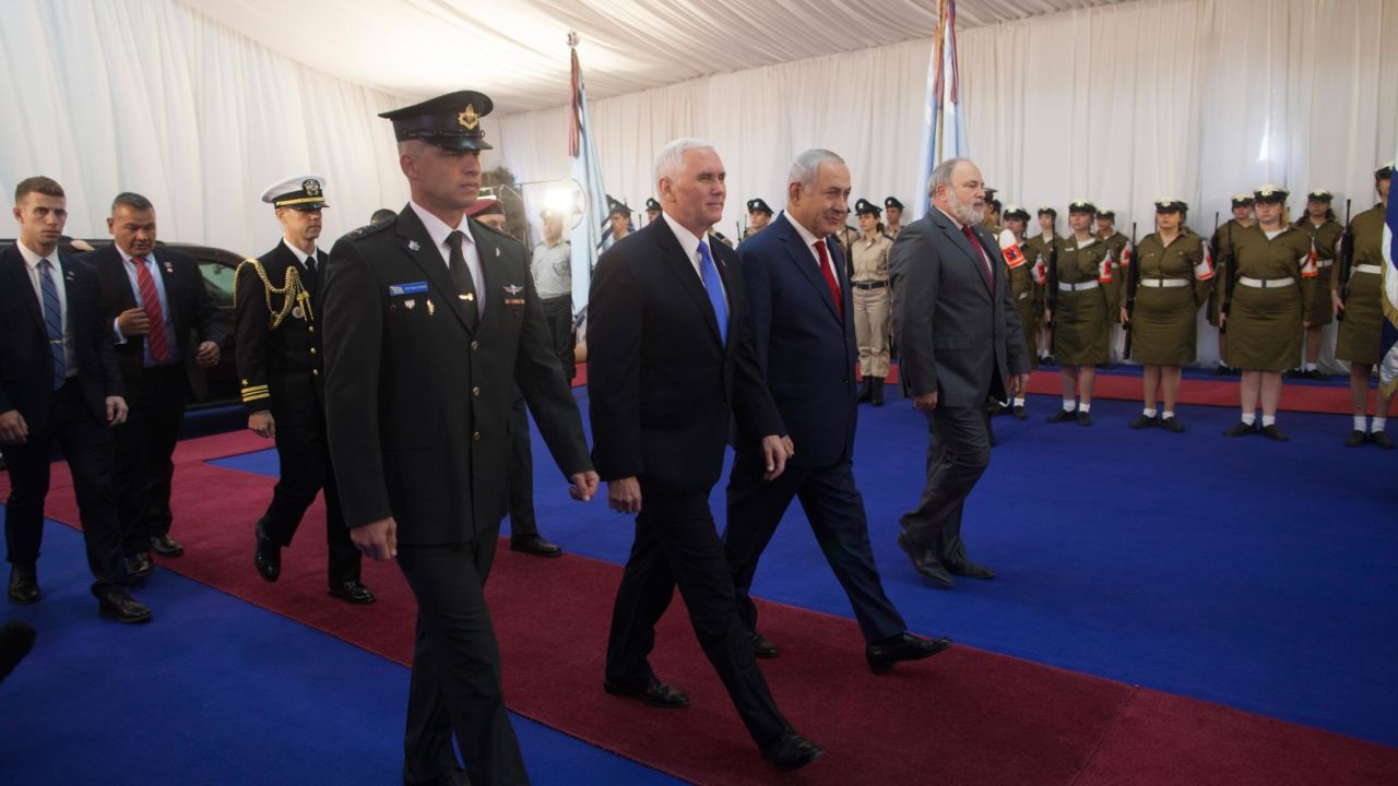 US Vice President Mike Pence, center left, with Israeli Prime Minister Benjamin Netanyahu, center right, at a welcome ceremony in Jerusalem on Monday.