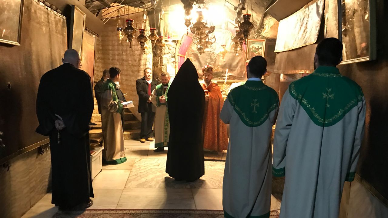 The Armenian Church Service inside the Grotto at the Church of the Nativity.