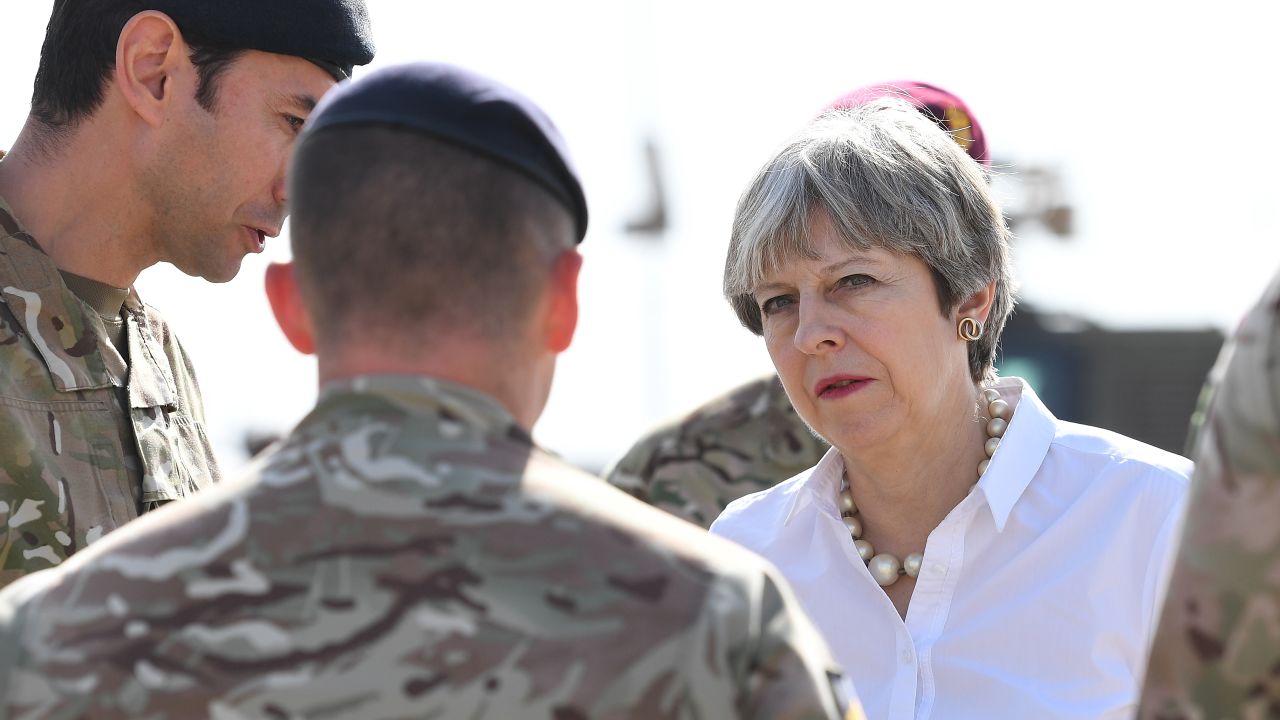 British Prime Minister Theresa May with British soldiers at the Camp Taji military base in Iraq last year.