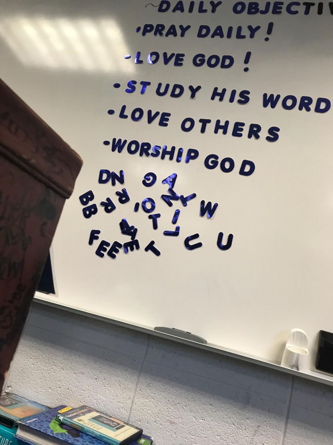 A teacher had these "daily objectives" on her wall, the lawsuit says.