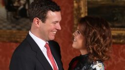 LONDON, ENGLAND -JANUARY 22: Princess Eugenie and Jack Brooksbank in the Picture Gallery at Buckingham Palace after they announced their engagement. Princess Eugenie wears a dress by Erdem, shoes by Jimmy Choo and a ring containing a padparadscha sapphire surrounded by diamonds on January 22, 2018 in London, England..  They are to marry at St George's Chapel in Windsor Castle in the autumn this year. (Photo by Jonathan Brady - WPA Pool/Getty Images)