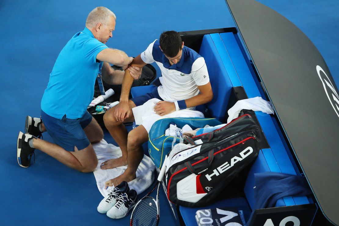 Novak Djokovic was visited by the trainer Monday. 