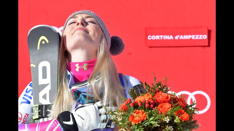 Winner Lindsey Vonn from Team USA celebrates during the podium ceremony of the <a href="index.php?page=&url=http%3A%2F%2Fwww.cnn.com%2F2018%2F01%2F20%2Fsport%2Flindsey-vonn-wins-cortina-skiing-world-cup-downhill%2Findex.html">FIS Alpine World Cup Women's Downhill on Saturday, January 20, in Cortina d'Ampezzo, Italian Alps.</a> Vonn clocked 1 minute, 36.48 seconds on the Olympia delle Tofane course for a 0.92-second advantage over Tina Weirather of Liechtenstein.