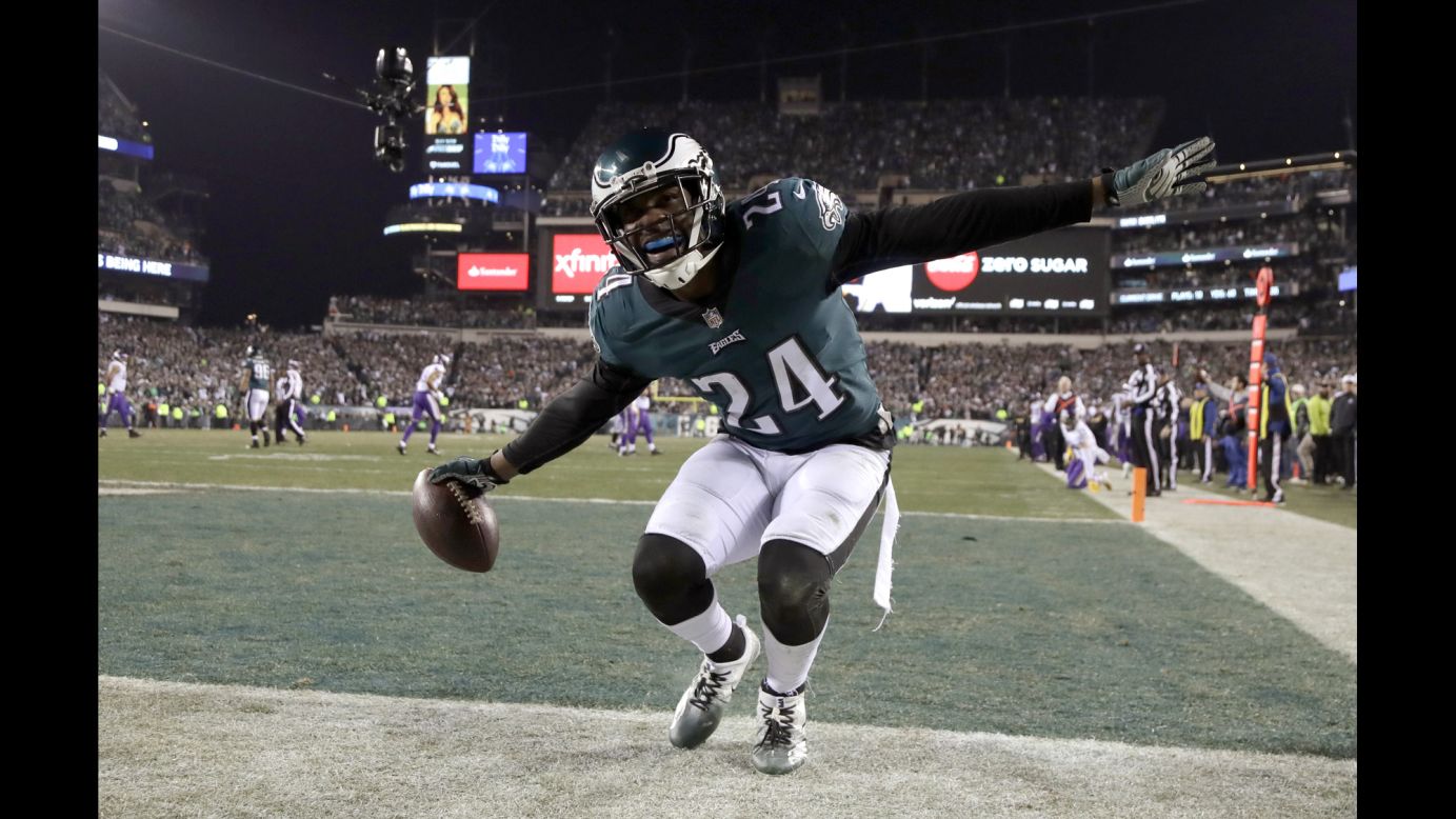 Philadelphia Eagles' Corey Graham reacts after intercepting a pass during the second half of the NFL football NFC championship game against the Minnesota Vikings on Sunday, January 21, in Philadelphia. The Philadelphia Eagles will compete against the New England Patriots for the Lombardi Trophy in the Superbowl, Sunday, February 4.<br />