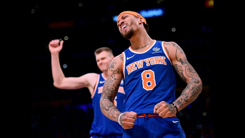 The New York Knicks' Michael Beasley and Kristaps Porzingis react after a lost possession to the Los Angeles Lakers on Sunday, January 21, in Los Angeles, California. The Lakers won 127-107.<br />