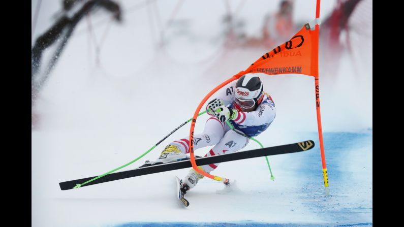 Patrick Schweiger of Austria tangles with a gate during the Audi FIS Alpine Ski World Cup Men's Downhill on Saturday, January 20, in Kitzbuehel, Austria. <a href="index.php?page=&url=http%3A%2F%2Fedition.cnn.com%2F2018%2F01%2F20%2Fsport%2Fgallery%2Fkitzbuhel-downhill-world-cup-skiing-2018%2Findex.html" target="_blank">See more photos from this race</a>