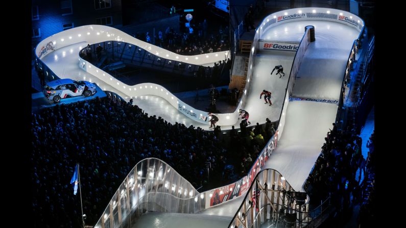 Ice skaters compete during the "Redbull Crashed Ice," the Ice Cross Downhill World Championship, in Saint Paul, Minnesota, on Saturday, January 20.<br />