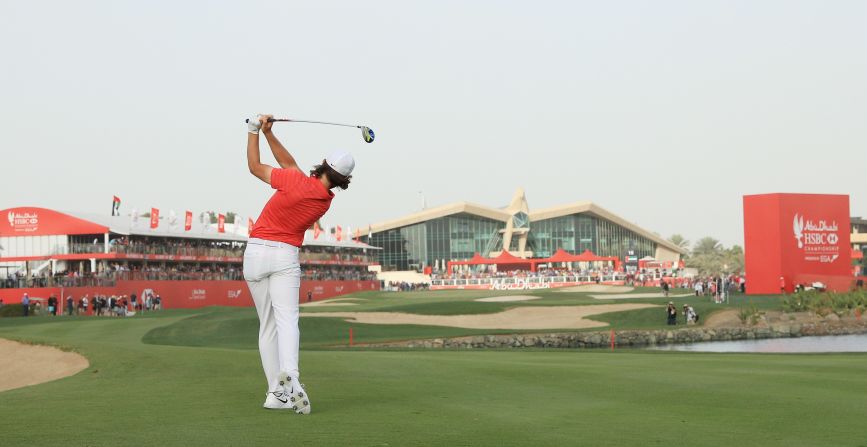 <strong>Final stretch:</strong> England's Tommy Fleetwood fires towards the final green on his way to winning the Abu Dhabi HSBC Golf Championship.