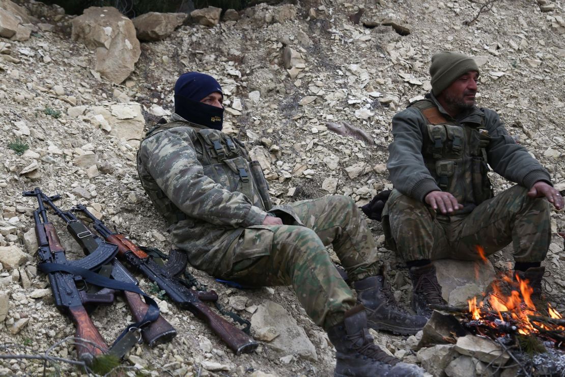 Turkish-backed Syrian fighters at Mount Bersaya on Monday.