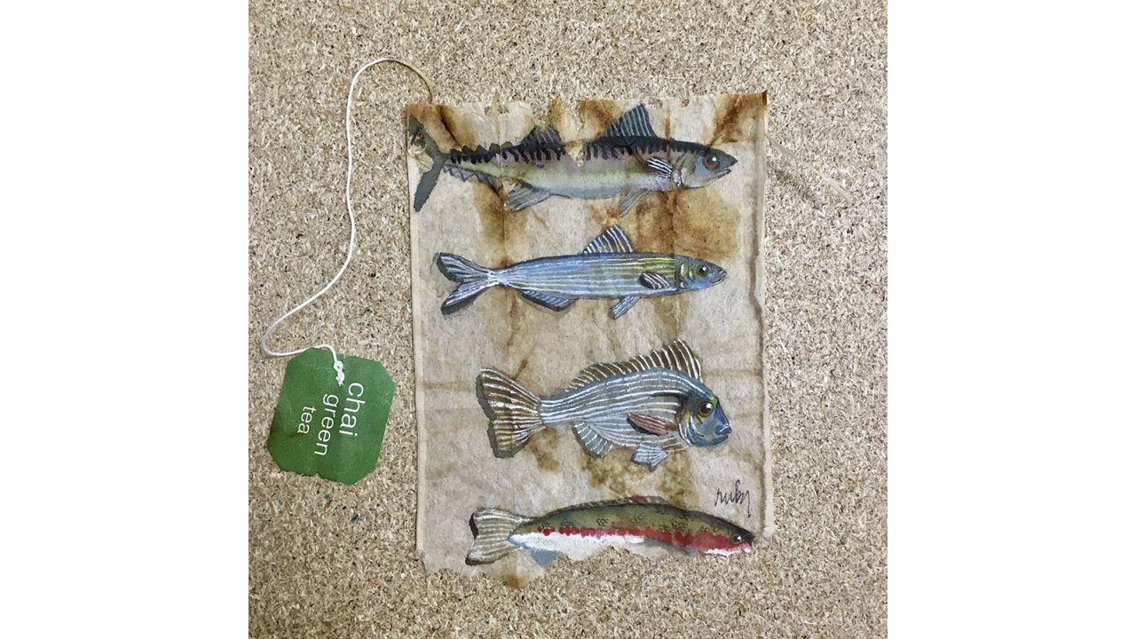 <strong>Top tea tips: </strong>Silvious says camomile tea bags don't work very well "because the tea leaves, when they're dried, stick to the tea bag and they're difficult to remove and difficult to paint on." <em>Pictured here: Tea bag inspired by Hyeres, France.</em>