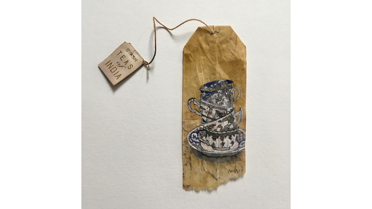 <strong>Follow-up:</strong> Silvious is now working on a second book: "Reclaimed Canvas." "This will focus more on not just tea bags but other discarded materials as well, so it will feature art on egg shells and pistachio shells, and all sorts of other materials," says Silvious. <em>Pictured here: Tea bag inspired by Hyeres, France.</em>