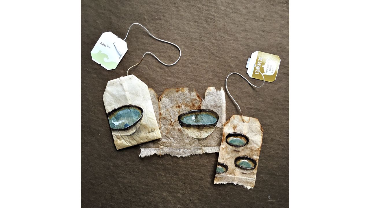 Silvious says certain teas are easier to paint on than others. Pictured here: Tea bag inspired by Itoshima, Japan.