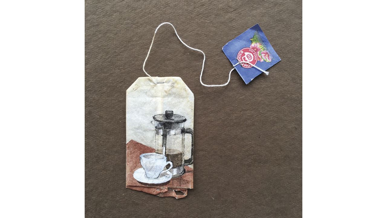 <strong>Stains and designs:</strong> Silvious' favorite tea bags to paint on are black tea and rooibos. "I love rooibos tea because it has these wonderful stains, and sometimes it actually creates certain designs that just inspire me to do something with it. It's wonderful." <em>Pictured here: Tea bag inspired by Noepoli, Italy.</em>