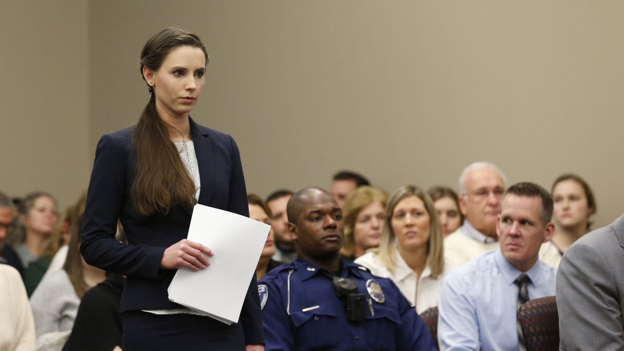 Rachael Denhollander prepares to give her impact statement at Larry Nassar's sentencing. 
