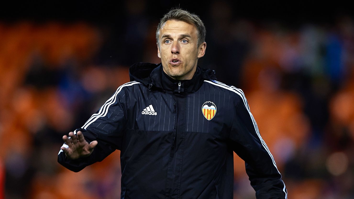 VALENCIA, SPAIN - MARCH 06:  Valencia CF assistant coach Phil Neville gives instructions prior to the La Liga match between Valencia CF and Atletico de Madrid at Estadi de Mestalla on March 06, 2016 in Valencia, Spain.  (Photo by Manuel Queimadelos Alonso/Getty Images)