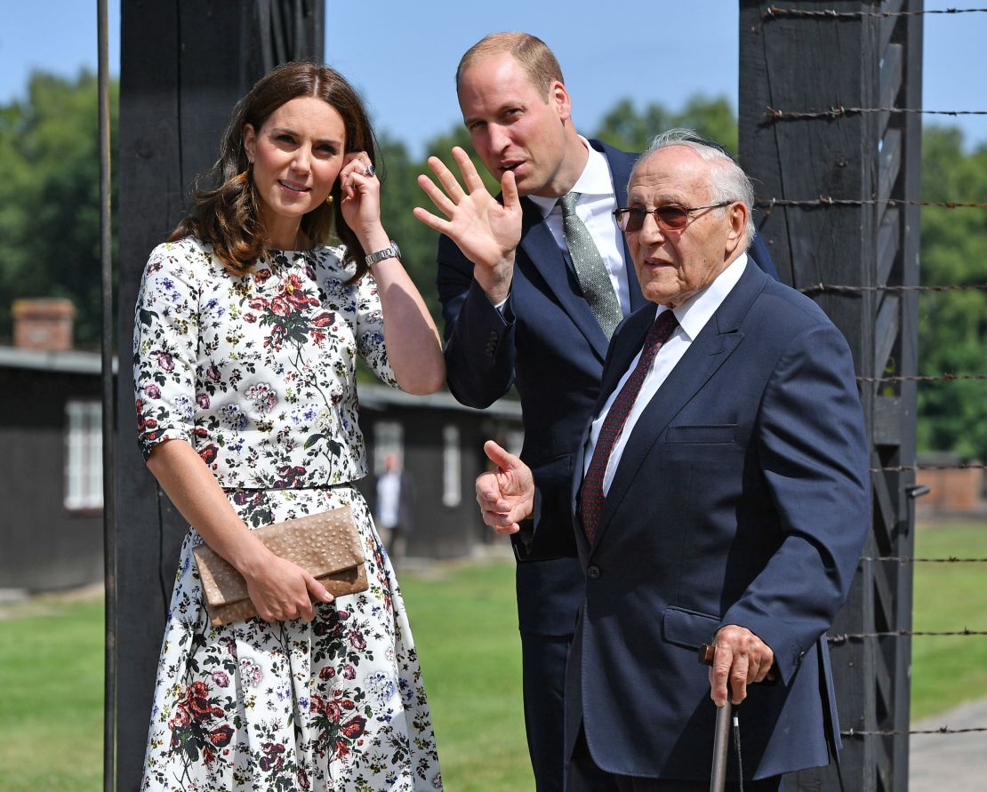 Catherine, Duchess of Cambridge (L), and Prince William, Duke of Cambridge, meet Manfred Goldberg as they visit the former Stutthof Nazi concentration camp during an official visit to Poland.