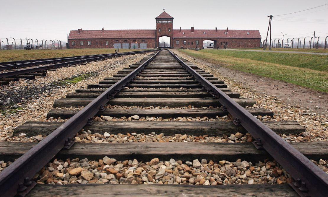 The railway tracks leading to the main gates at Auschwitz-Birkenau.
