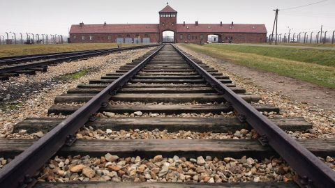 The railway tracks leading to the main gates at Auschwitz-Birkenau.