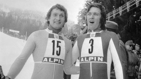 Klammer (left) edged out defending champion Bernhard Russi of Switzerland.