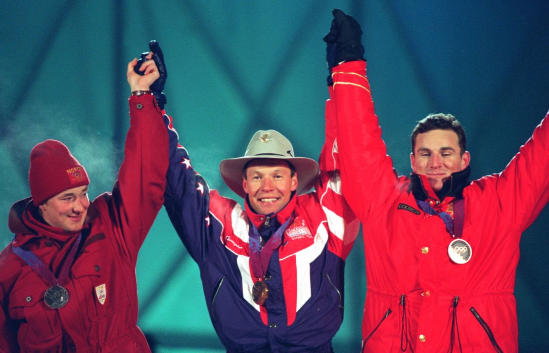 Moe (center) downed local hero Kjetil Andre Aamodt (left) and Canada's Ed Podivinsky.