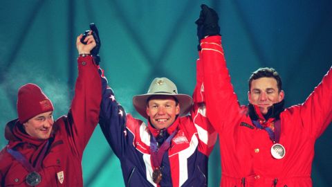 Moe (center) downed local hero Kjetil Andre Aamodt (left) and Canada's Ed Podivinsky.