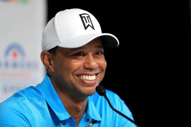 <strong>All smiles:</strong> Tiger Woods was relaxed as he chatted to the media ahead of his first start of 2018 at Torrey Pines. It was the former world No.1's first full-field event on the PGA Tour since missing the cut at the same venue last January.