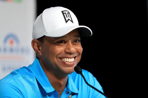 <strong>All smiles:</strong> Tiger Woods was relaxed as he chatted to the media ahead of his first start of 2018 at Torrey Pines. It was the former world No.1's first full-field event on the PGA Tour since missing the cut at the same venue last January.   
