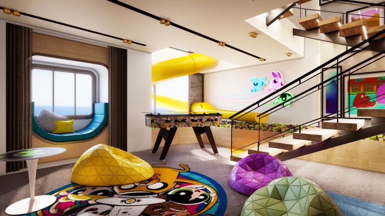 <strong>Amazing rooms:</strong> Triplex Suites will offer a hot tub, family lounge and fun play corner -- and even a slide. <em>Pictured here: Artist impression of the fun play corner in Cartoon Network Wave's Triplex Suite. All illustrations are subject to change without prior notice.</em>