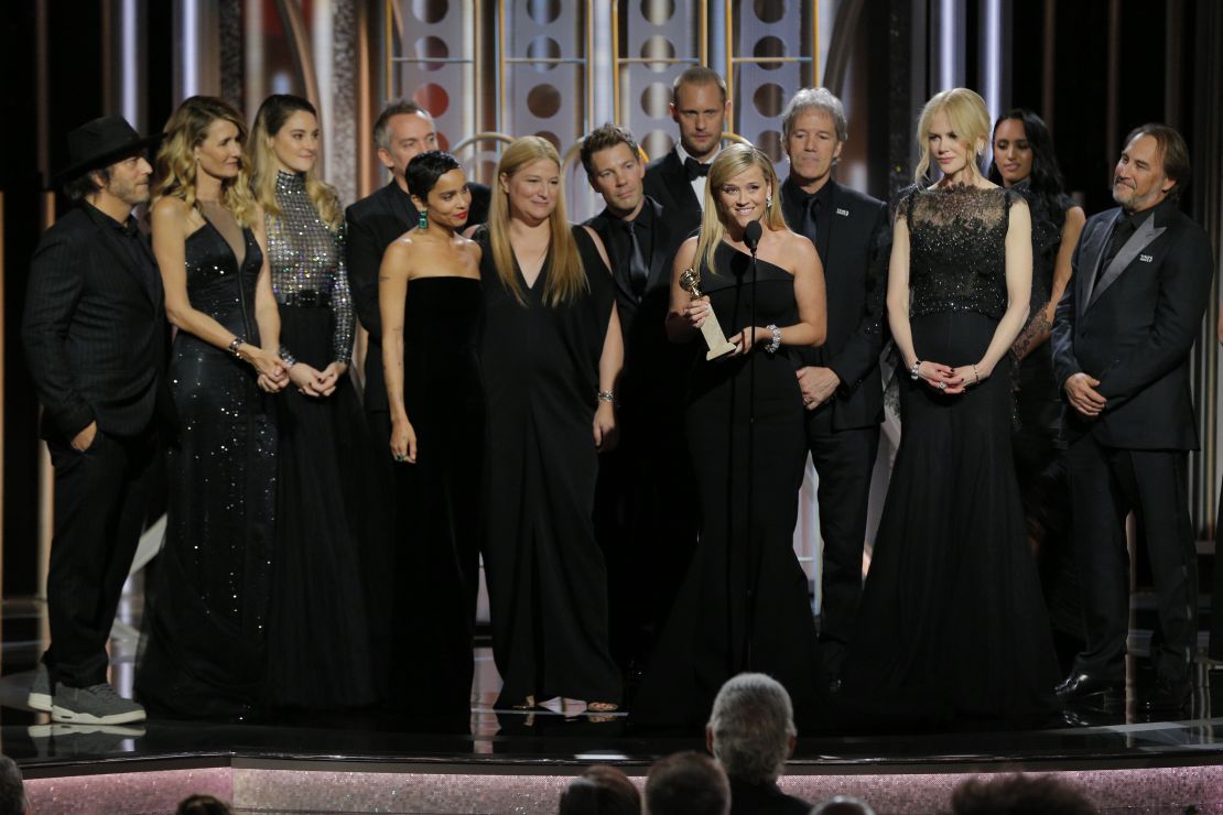 Reese Witherspoon wore black to accept the award for Best Television Limited Series or Motion Picture Made for Television at the 2018 Golden Globes, in support of the #TimesUp movement. 