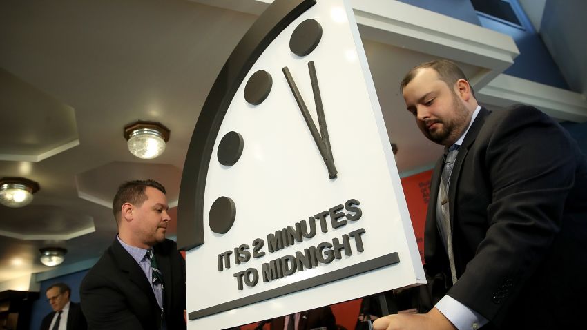 WASHINGTON, DC - JANUARY 25:  The Bulletin of the Atomic Scientists unveil the 2018 "Doomsday Clock" January 25, 2018 in Washington, DC. Citing growing nuclear risks and unchecked climate dangers, the group moved the clock to two minutes before midnight, 30 seconds closer and the closest it has been since the height of the Cold War in 1953. (Photo by Win McNamee/Getty Images)