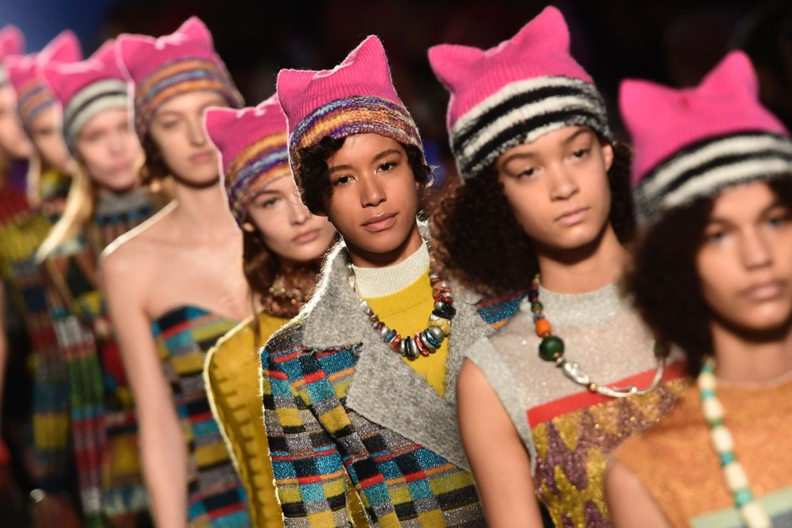 Models wearing so-called "pussyhats," a symbol of women's rights, at Milan Fashion Week in 2017. 
