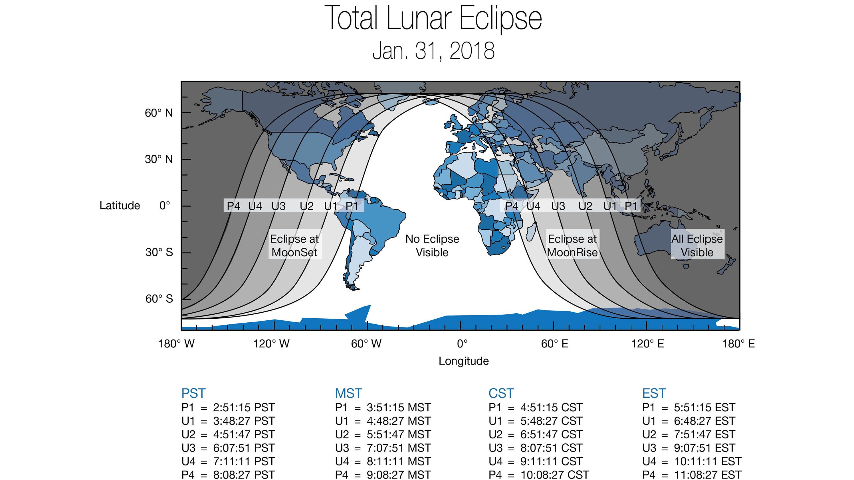Global map showing the different timings that areas across the world will be experiencing the "super blue blood moon"