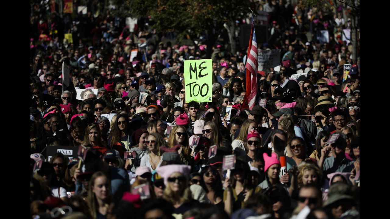 People gather in Grand Park for the Women's March in Los Angeles on Saturday, January 20. <a href="http://www.cnn.com/2018/01/20/politics/womens-march-anniversary-trump-shutdown/index.html" target="_blank">One year after</a> women took to the streets to protest the inauguration of US President Donald Trump, marchers gathered again in cities across the country and around the world. This year's marches also come during the #MeToo movement, which has shed light on sexual misconduct across a variety of industries.
