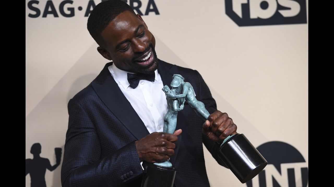 Actor Sterling K. Brown plays with his Screen Actors Guild awards in Los Angeles on Sunday, January 21. <a href="https://www.cnn.com/2018/01/22/entertainment/sterling-brown-sag-awards/index.html" target="_blank">The "This Is Us" star</a> became the first African-American to win the award for outstanding performance by a male actor in a drama series. "This Is Us" also won for outstanding performance by an ensemble in a drama series.
