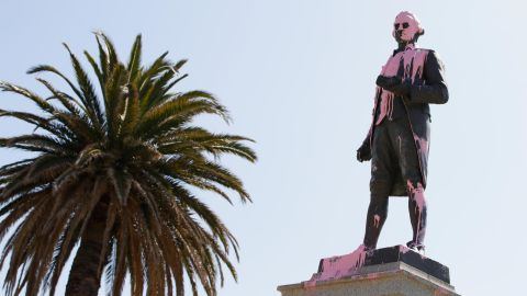The Captain Cook statue in Catani Gardens in St Kilda is seen vandalised on January 25 in Melbourne, Australia.