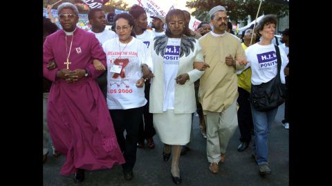 Madikizela-Mandela leads a protest march during an international AIDS conference in Durban, South Africa, in 2000.