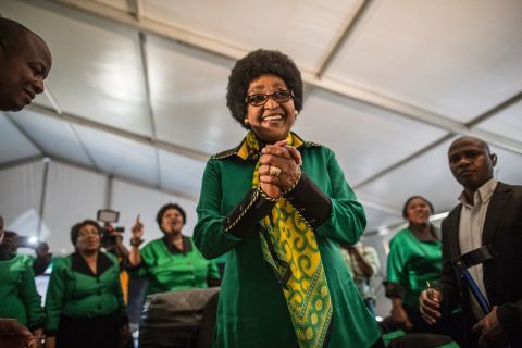 Madikizela-Mandela greets a crowd of supporters in Soweto for her 80th birthday in 2016.