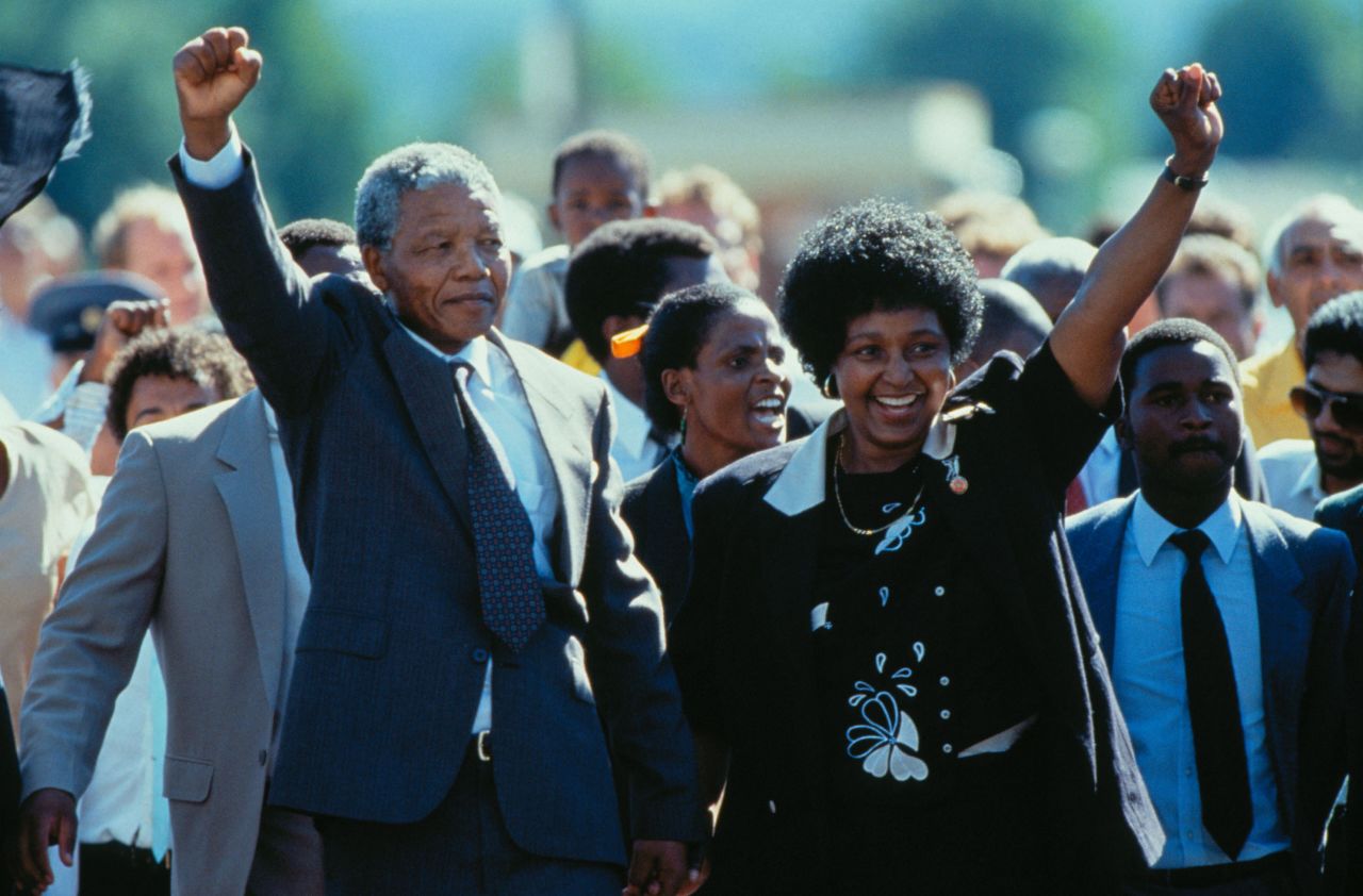 Nelson Mandela is joined by his wife after being released from prison in February 1990.