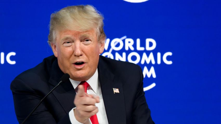US President Donald Trump gestures as he delivers a speech during the World Economic Forum (WEF) annual meeting on January 26, 2018 in Davos, eastern Switzerland.  / AFP PHOTO / Fabrice COFFRINI        (Photo credit should read FABRICE COFFRINI/AFP/Getty Images)