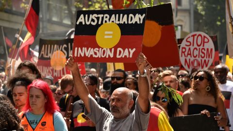 People take part in an "Invasion Day" rally on Australia Day in Melbourne, August 26, 2018.