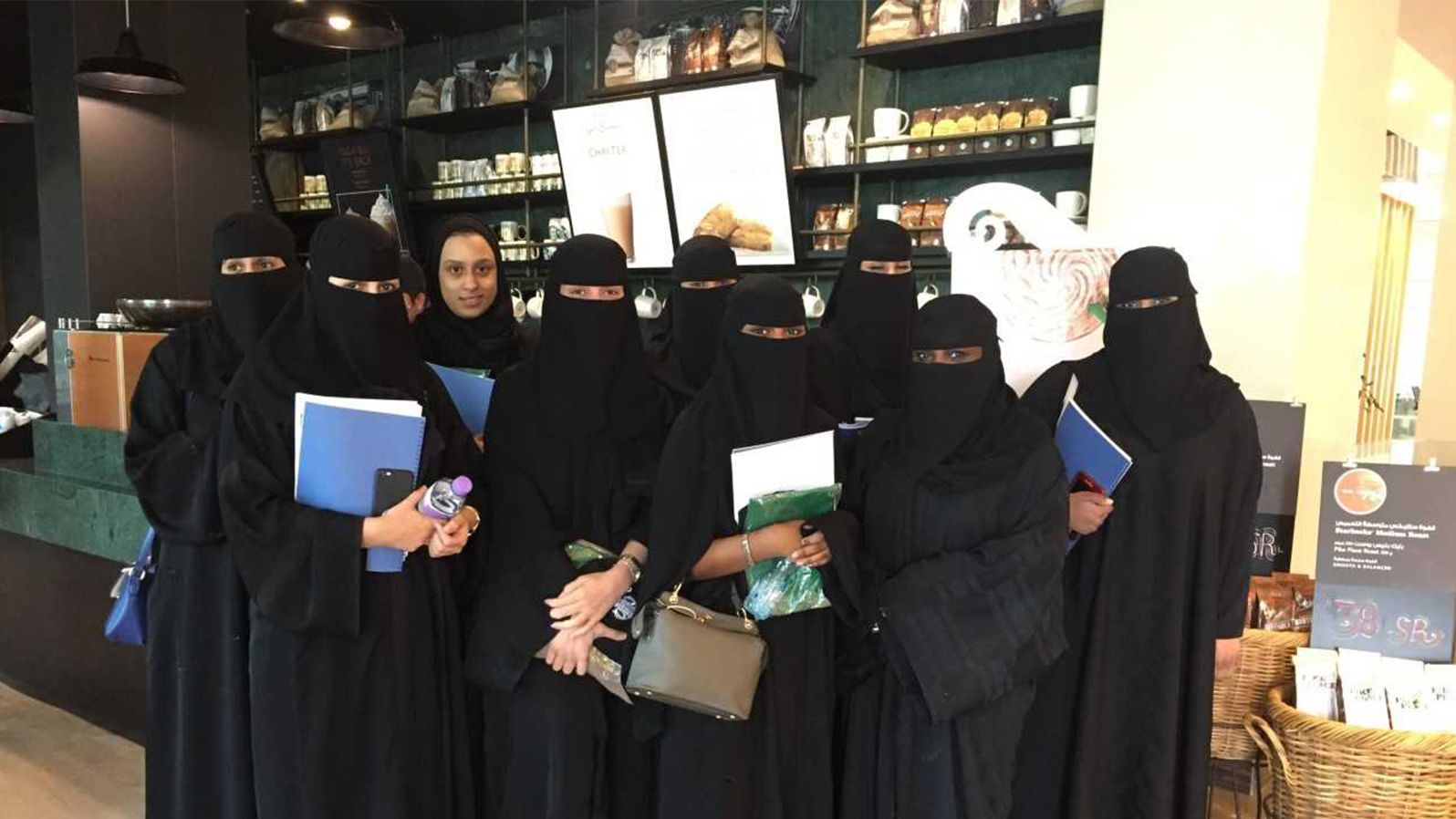 Saudi women train to become baristas at the Starbucks headquarters in Riyadh.  